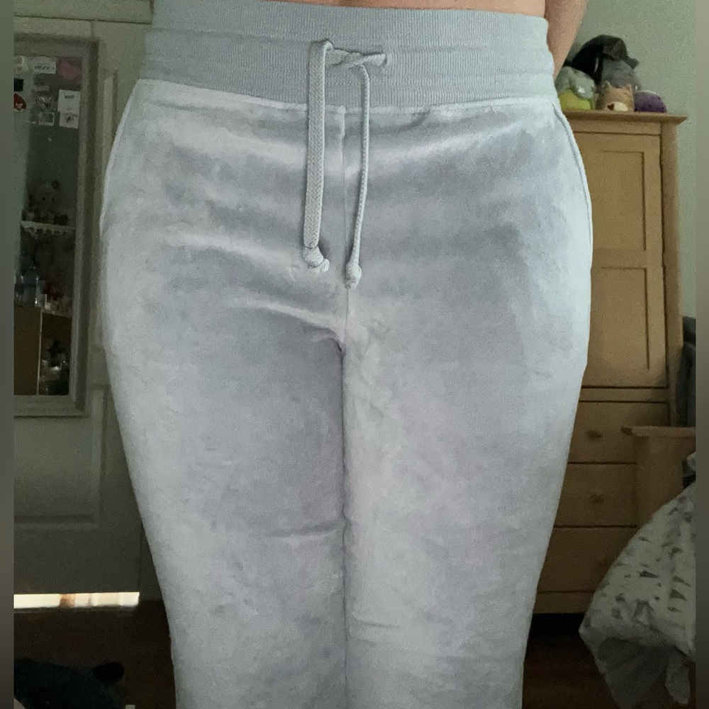 Light blue velvet yoga Arie high rise track pants. Wide legged bottom